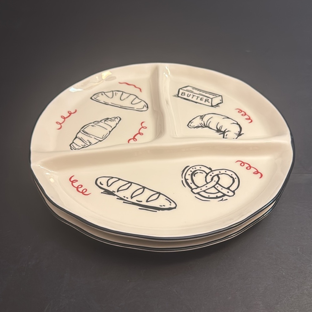 2pc DWELL STUDIO Ceramic Divided Plates with Bread Design -White/Black/Red